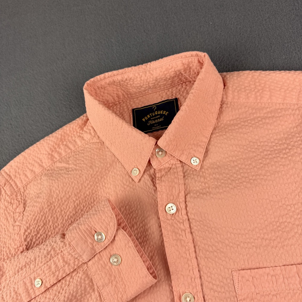 Portuguese Flannel Shirt Men's S Pink Seersucker Button Down Long Sleeve Cotton